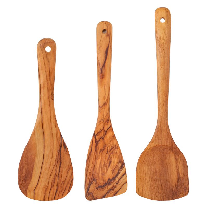 Healthy Cooking Cookware Tools Olive Wood Flat Utensils Wooden Spurtle Set Frying Spatula