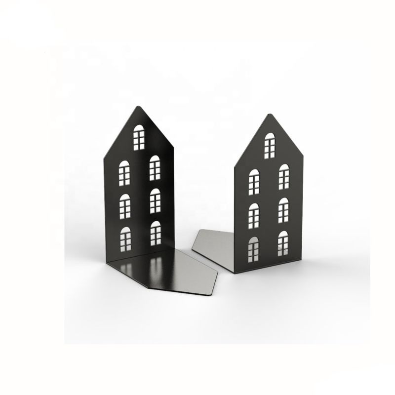 Heavy Duty 2 Pieces Book Support Decorative Book End Wrought Iron House Pattern Bookend for Desktop Library Shelf