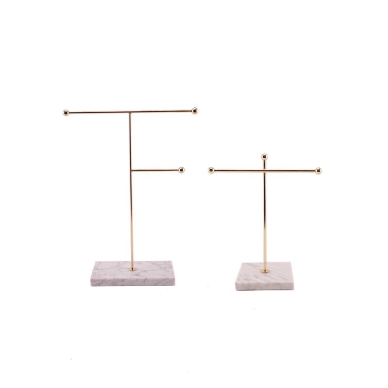 High-End White Black Natural Texture Marble Base Gold Metal Hanging Rod Combined Necklace Earrings Jewelry Display Stand