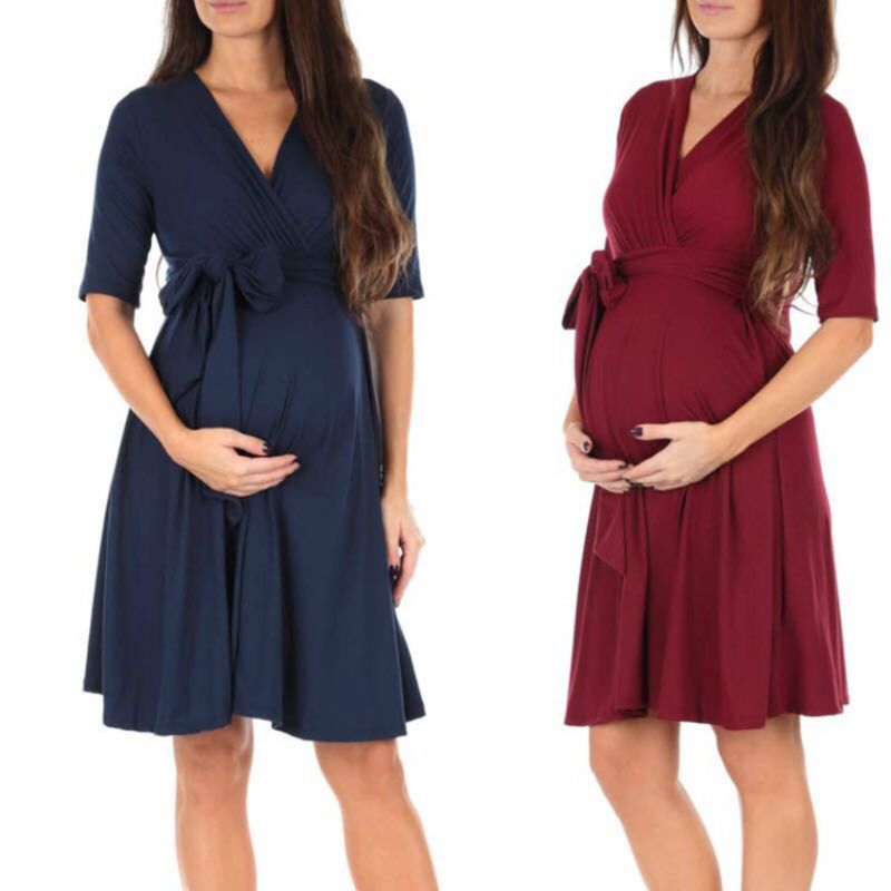 High-Low Surplice Wrap with Waist Belt Maternity Dress Adjustable V Neck Nursing Dress Breastfeeding Pregnant Dropshipping