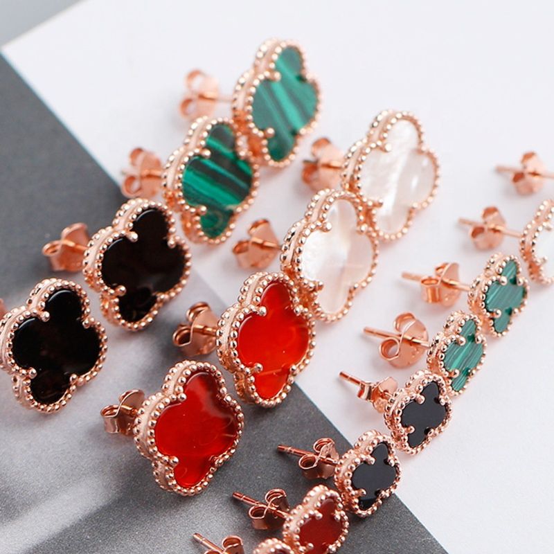 High Version Designer Lucky Clover Earrings Nature Onyx Pure 925Silver Flower Logo Stud Earring Female Classic Gem Agate Earring