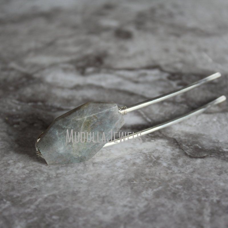 Hj39543 Silver Hairpin Hairpins Hairpin Jewelry Labradorite Stone Slab Gem Hair Pin Silver