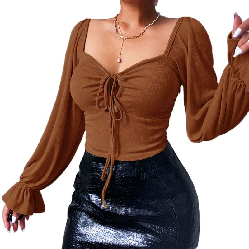Hollowed-Out Female Street Wear Long Sleeve Drawstring Front Fits Lady Blouse Womens Tops