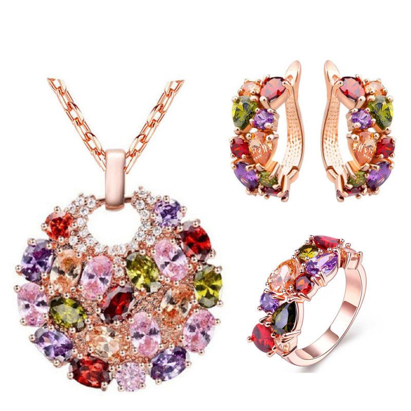 Hovanci Women Wedding Jewelry Sets 7 Colored Crystal Zircon Earrings Necklace Bridal Jewelry Set