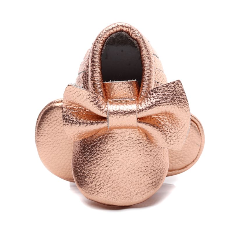 Infant Genuine Leather Shoes for Girls Rose Gold Toddler Bow Fringe Soft Soled First Walkers Kids Girl Moccasins Non-Slip Shoes