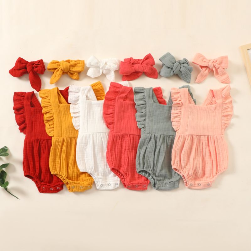 Ins Baby Girl Cotton Soft One Piece Bodysuit Headband 2Pcs Set Toddler Sleeveless Rompers Solid Color 0-2Y