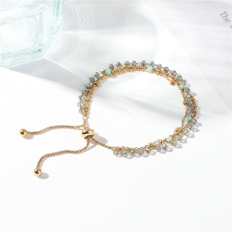 Ins Natural Stone Crystal Multilayer Bracelet Real Gold Plated Adjustable Triple Layer Crystal Beads Chain Bracelet