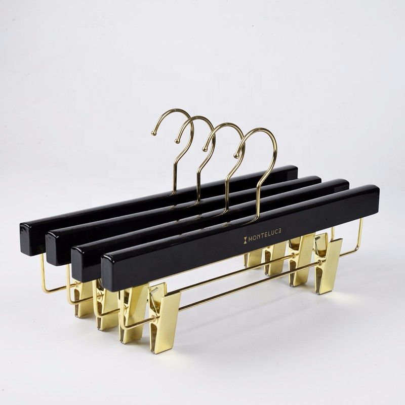 Inspring Black Color Gold Hook and Clips Wood Pant Skirt Hanger with Gold Color Printing Logo