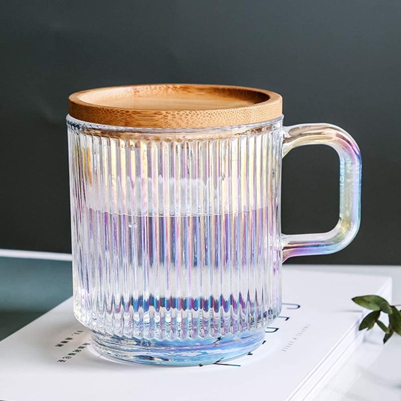 Iridescent Glass Coffee Mug with Lid Premium Classical Vertical Stripes Glass Tea Cup for Latte Tea Chocolate Juice Water