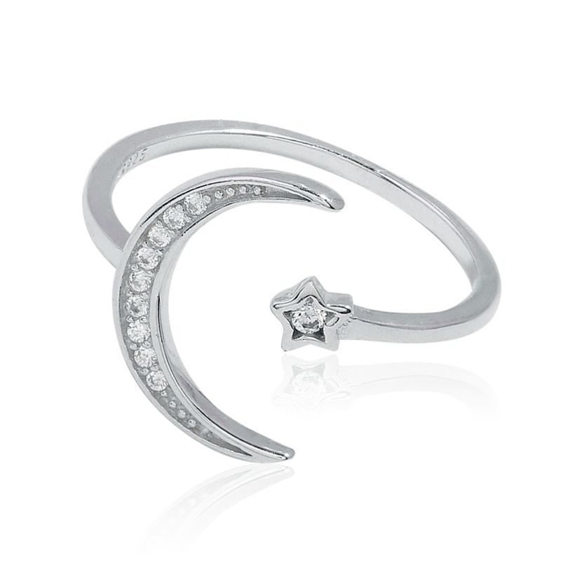 J4964 Creative Moon and Star Signet Adjustable 925 Sterling Silver Ring