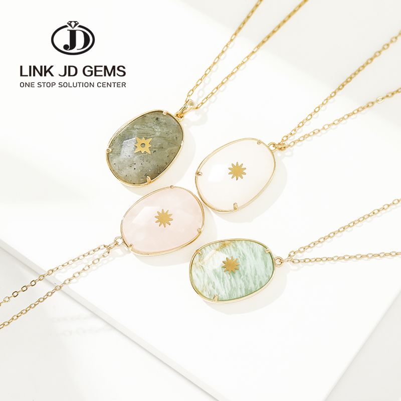 Jd Gemstone Copper Edging Necklace Oval Pendant Rose Quartz Jade Amazonite Gray Moonstone Semi-Precious Stone Jewelry