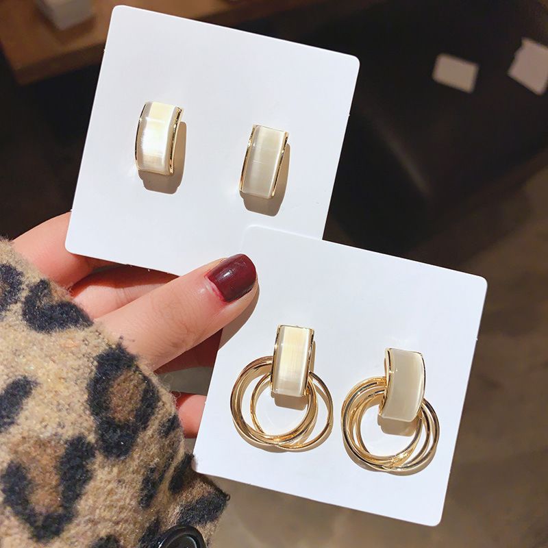 Jewelry 925 Silver Needle Korean East Gate Geometric round Earrings Temperament Cat's Eye Stone Earrings Ins Net Red Simple For