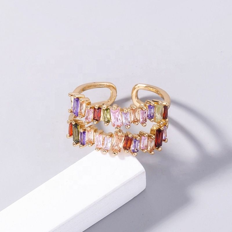 Jewelry Colorful Irregular Zircon Double Layer Open Rings Adjustable Multi Gemstone Brass Ring for Women