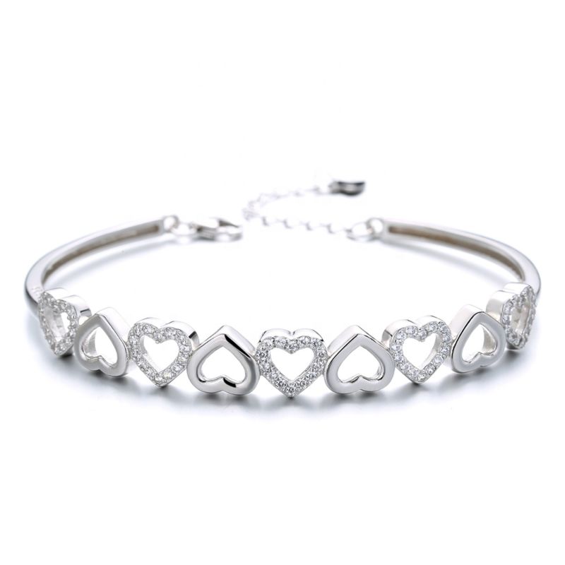 Jewelry Heart Design 925 Silver Ajustable Bangle Bracelet Women