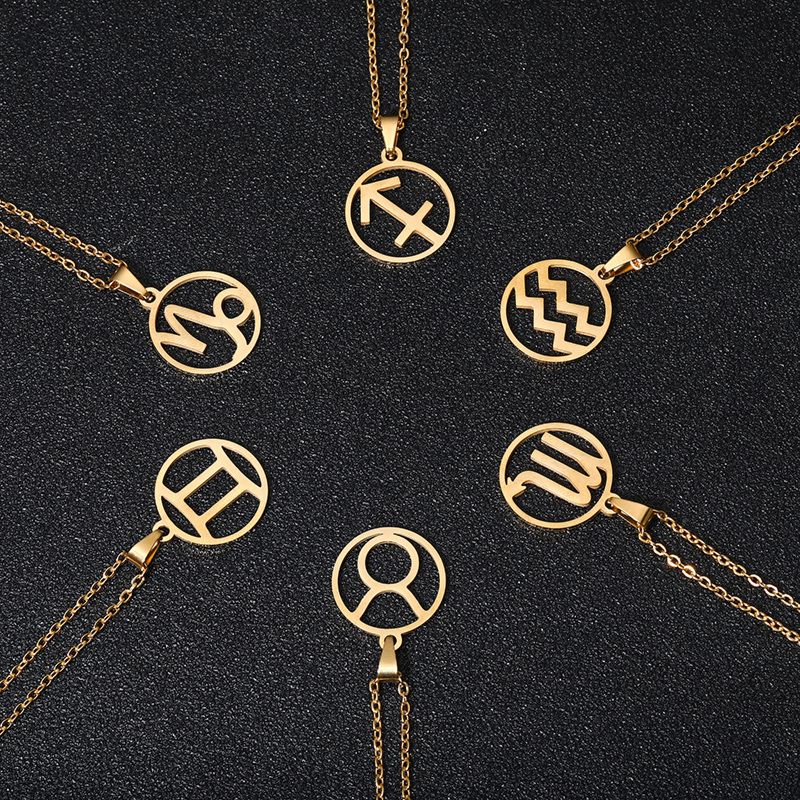 Jewelry Silver Plating Hollow round 12 Zodiac Sign Pendant Necklaces Stainless Steel Horoscope Choker Necklace for Women