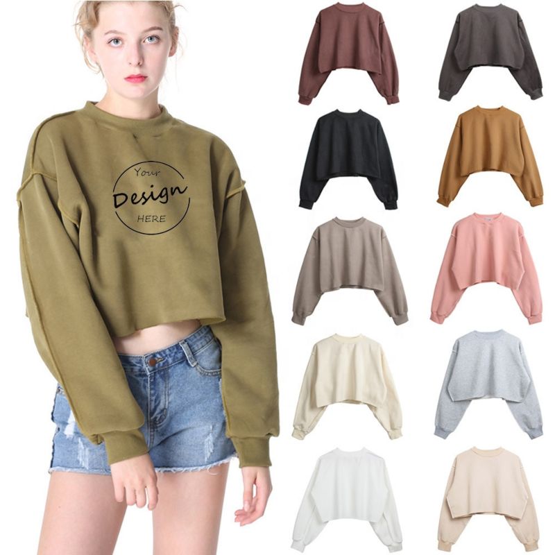 Jl-10213 In-Stock Items Printing Cotton Short Brown Hoodie Sweatshirts Women Crop Top Fleece Lined Hoodie