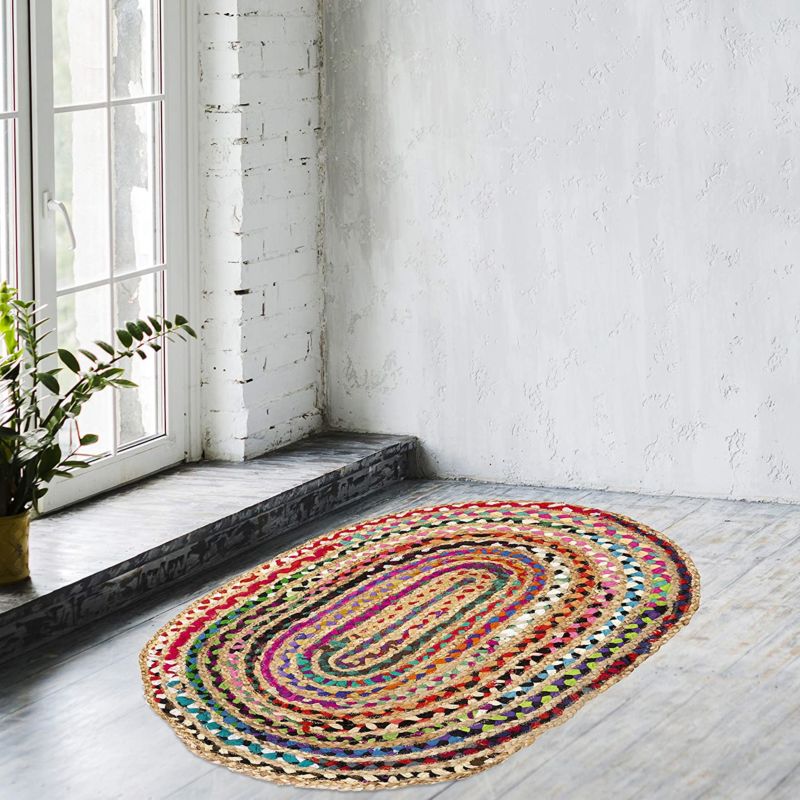 Jute Cotton Area Rug- 2X3 Feet Oval Hand Woven Multicolor Recycled Cotton Reversible Braided Rag Rug