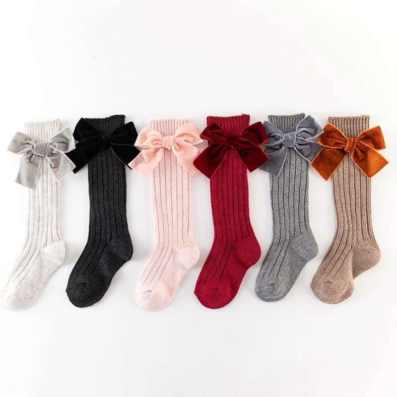 K1118204 1-8Y Kids Baby Knee High Girls for Children Princess Style Knit Toddler Cotton Long Socks with Velvet Bows