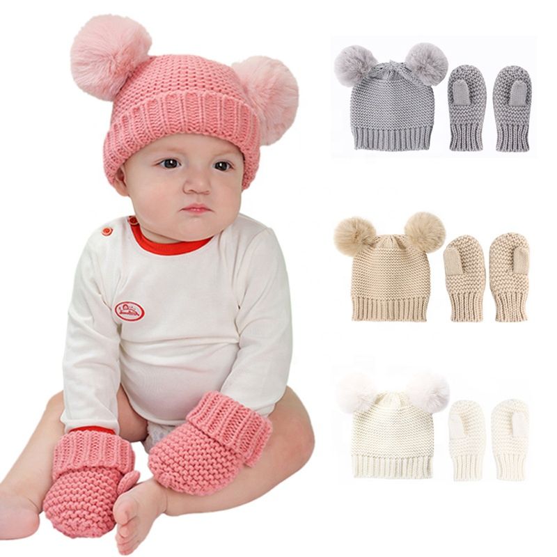 Kids Hats and Mittens Set Unisex Baby Beanie Hats Gloves Set Knit Soft Beanie and Mittens