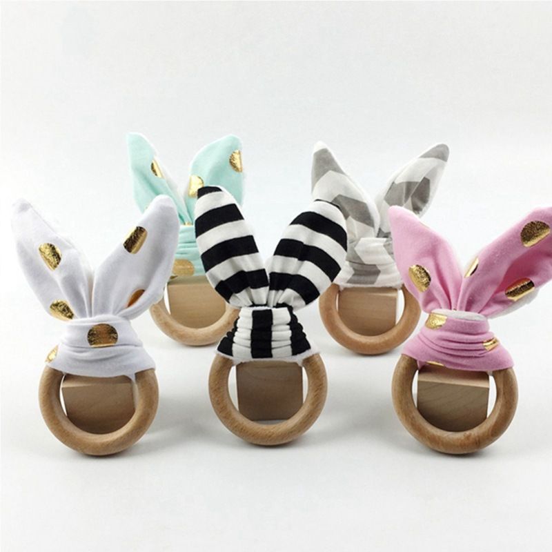 Kids Natural Wood Teether Baby Knotted Bunny Ear Teether Beech Wood Teething Rings Molars Dental Exercise Wooden Ring Toys