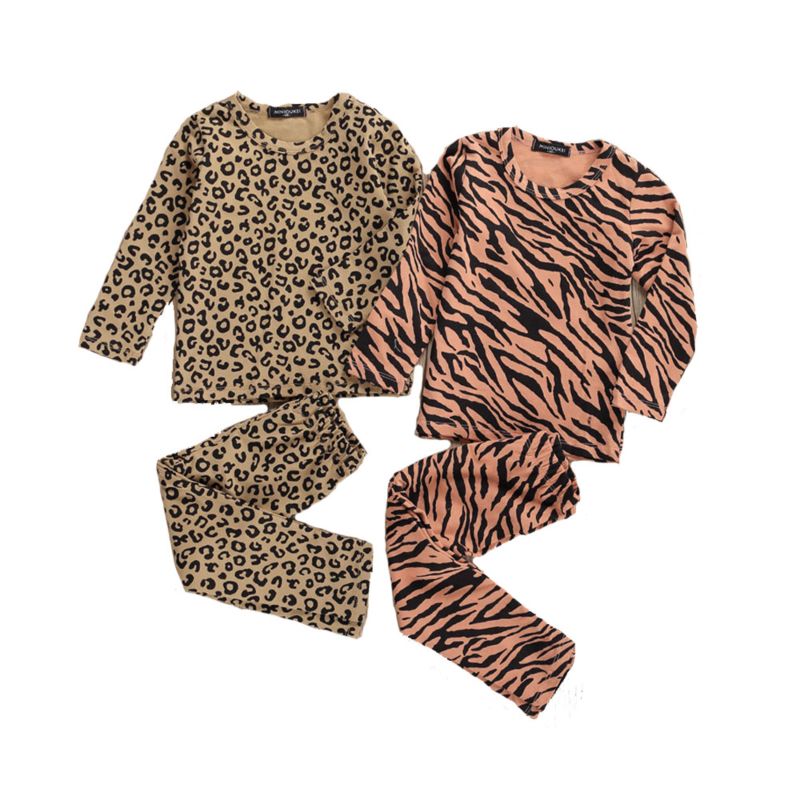 Kids Pajamas Children Sleepwear Leopard/Zebra Print Rib Cotton 2Pcs Tops+Pants Sets Boy Girls Nightwear Clothes Kids Clothing