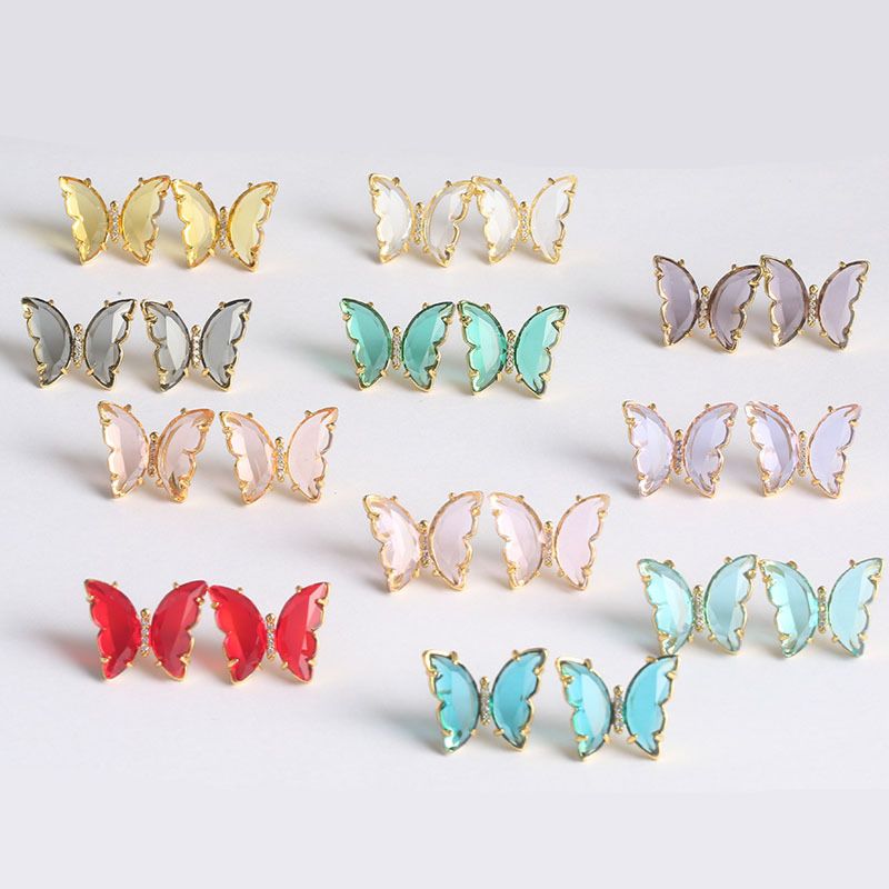 Korean Jewelry Color Transparent Glass Butterfly Earrings Needle Crystal Butterfly Stud Earrings