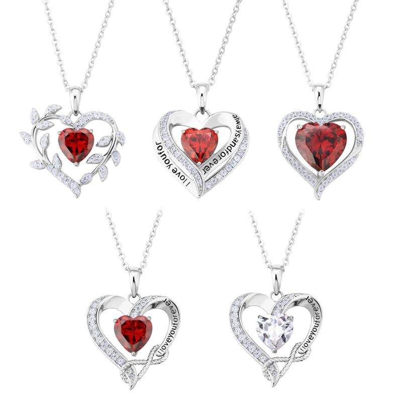 Krkc Women Jewelry 925 Sterling Silver 18K White Rose Gold Plated Garnet Gemstone Heart Shape Pendant Heart Necklaces