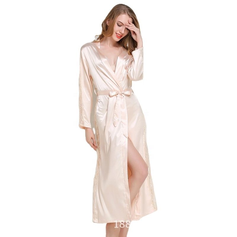 Ladies Simulation Silk Pajamas Nightgown Lace Bathrobe