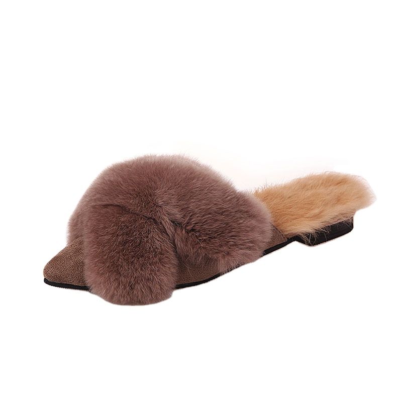 Lady Flat Fur Slippers Warm Flat Mule Sandals Shoes for Women