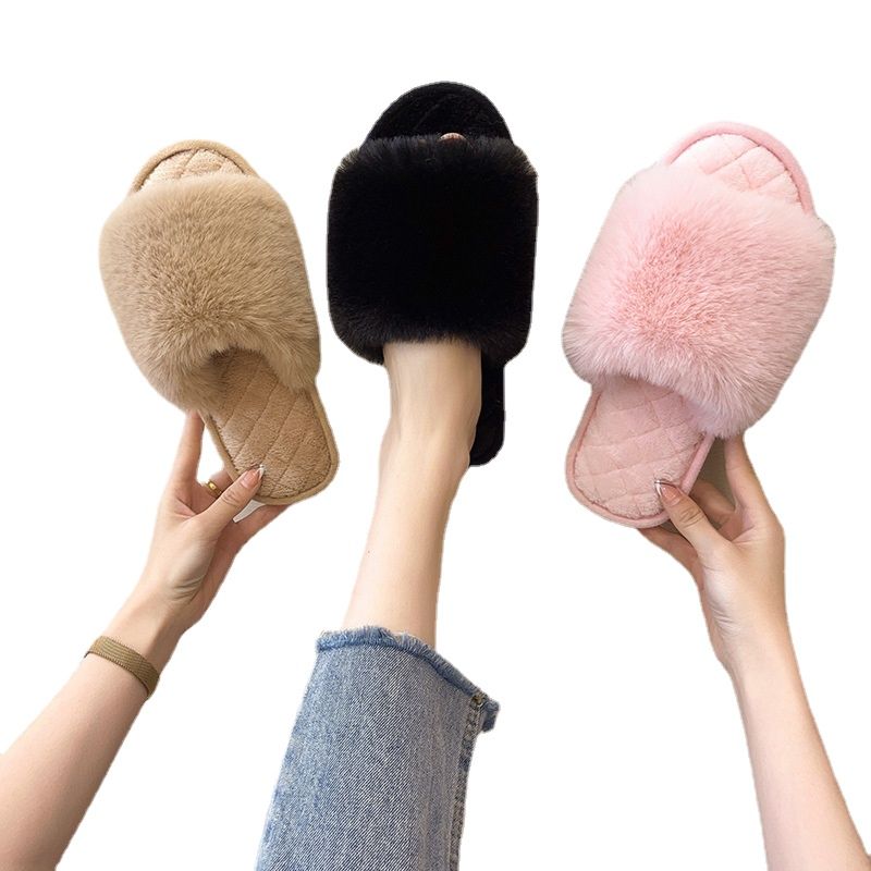 Large Size Fluffy Slippers Female Autumn and Indoor Flat Big Rabbit Fur Cotton Slippers