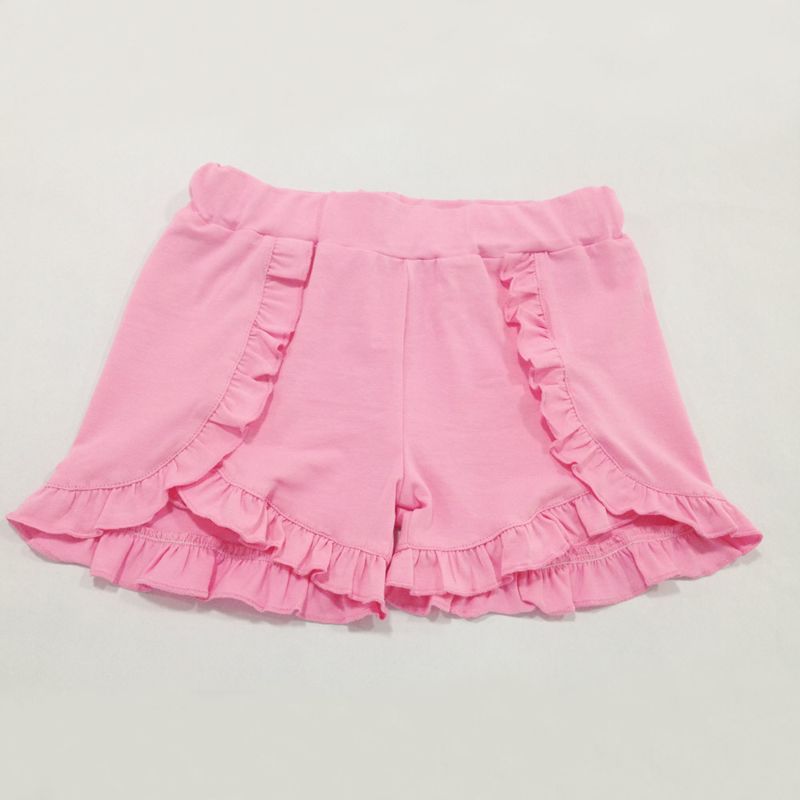 Latest Children Girls Shorts Popular Plain Knit Baby Cotton Bottoms Pink Ruffle Trim Shorts