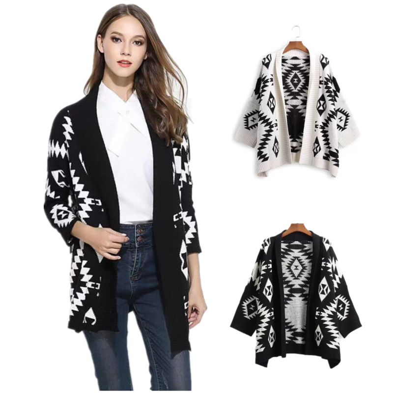 Latest Sales Medium Length Black and White Geometric Diamond Jacquard Cotton Knitting Cardigan Sweater
