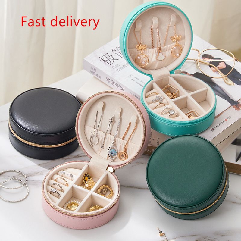 Leather Jewellery Packaging Storage Ring Earing Necklace Jewel Organizer Case Small round Travel Jewelry Box