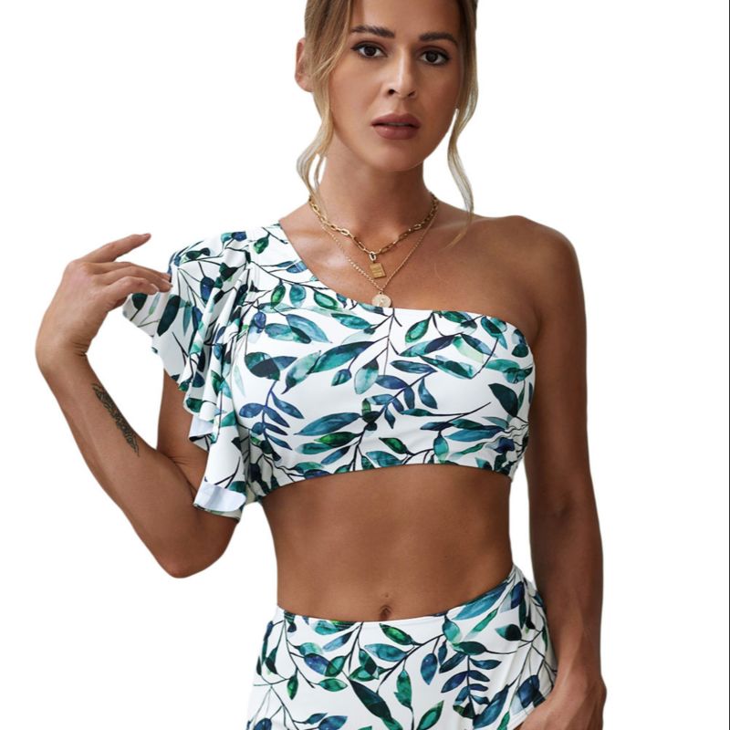 Leaves Print Multi Color Floral Ruffled Single Shoulder High Waist Bikini Swim Suit Wear