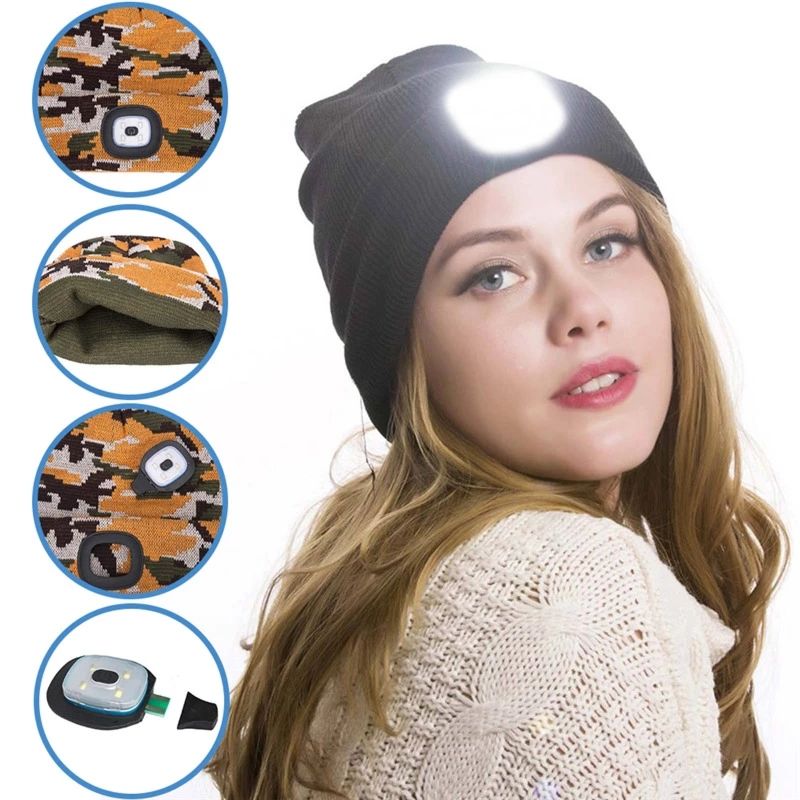 Led Beanie Hat with Light Gifts for Night Running Men Women Usb Rechargeable Caps