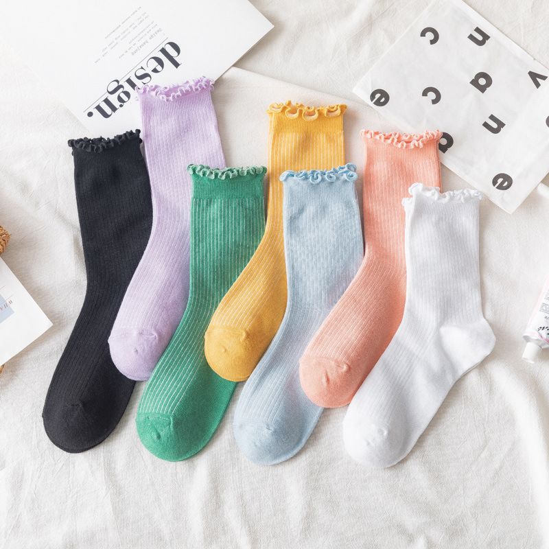 Leisure Long Crew Socks Women Cute Cotton Solid Lettuce Trim Socks