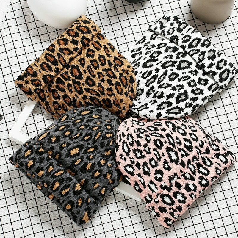 Leopard Print Style Beanie Hat plus Velvet Warm Ladies Hat Outdoor Ski Hat