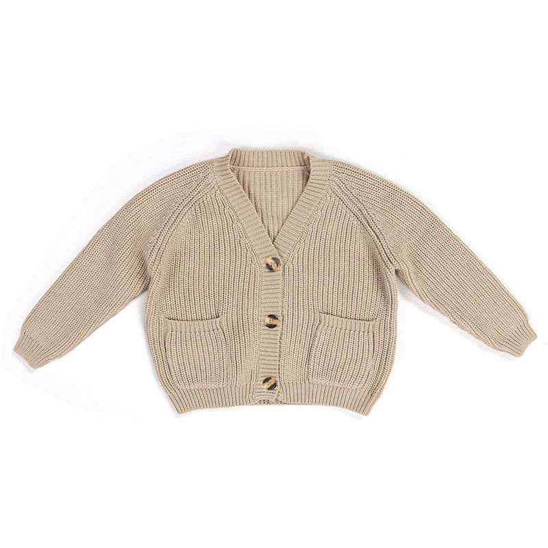 Light Khaki Warm Soft Spring Autumn Sales Girls Sweater with Buttons and Pocket Kids Chunky Knit Cardigan Girls Sweater