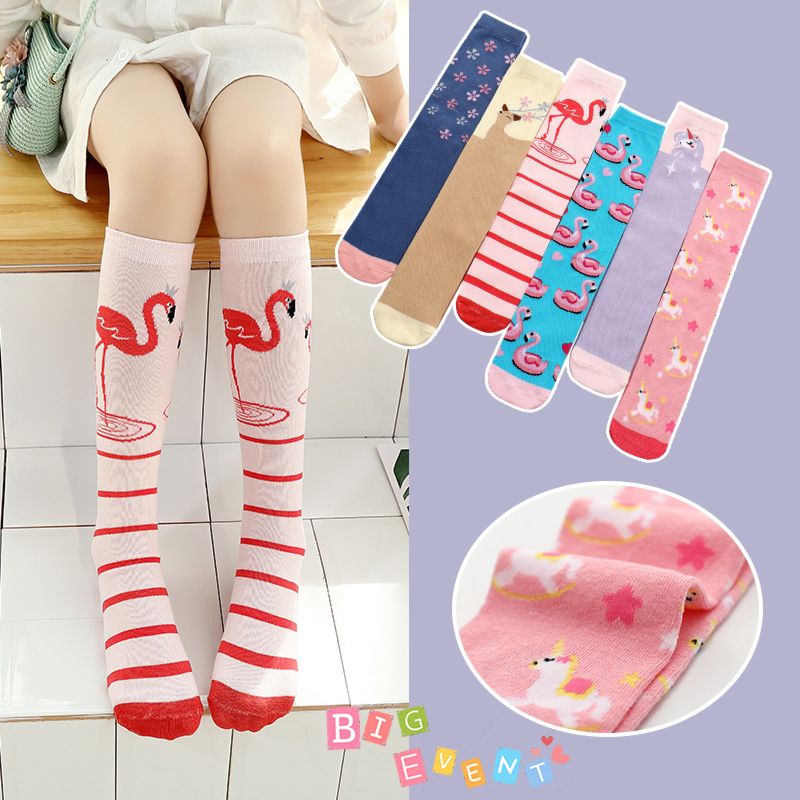 Little Girls Tube Long Cartoon Dress Socks Stripes Flamingo Cotton Kids Knee High Stockings