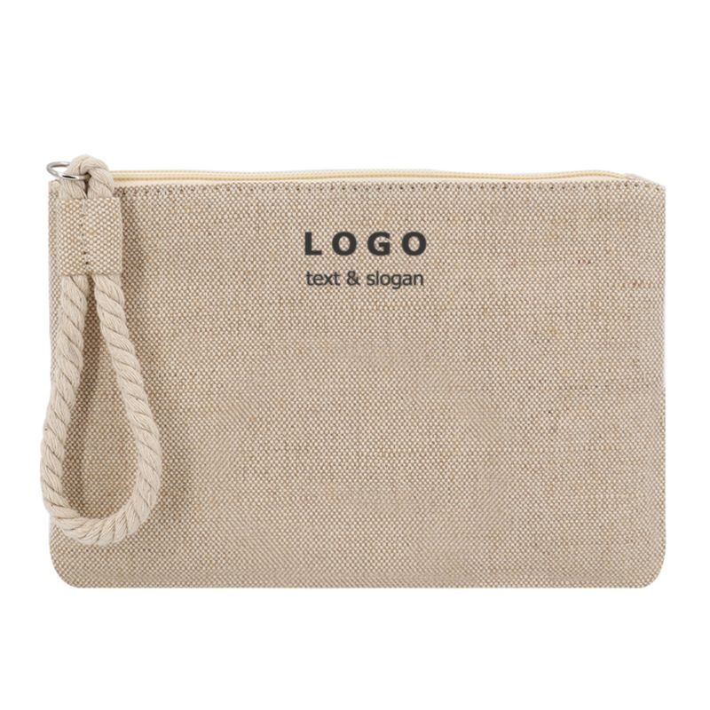 Logo Cotton Canvas Jute Makeup Cosmetic Zipper Pouch Bag Natural Jacquard Cotton Jute Fabric Organizer Bags for Phone