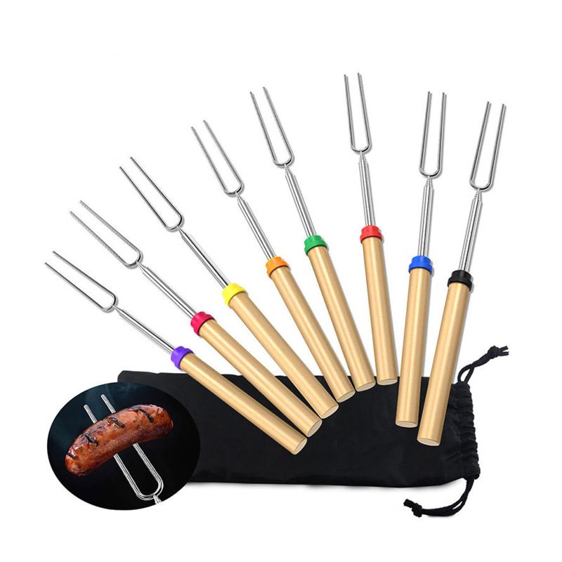 Long Bbq Barbecue Stainless Steel Corn Stick Telescopic Campfire Extendable Meat Handler Fork Roasting Sticks