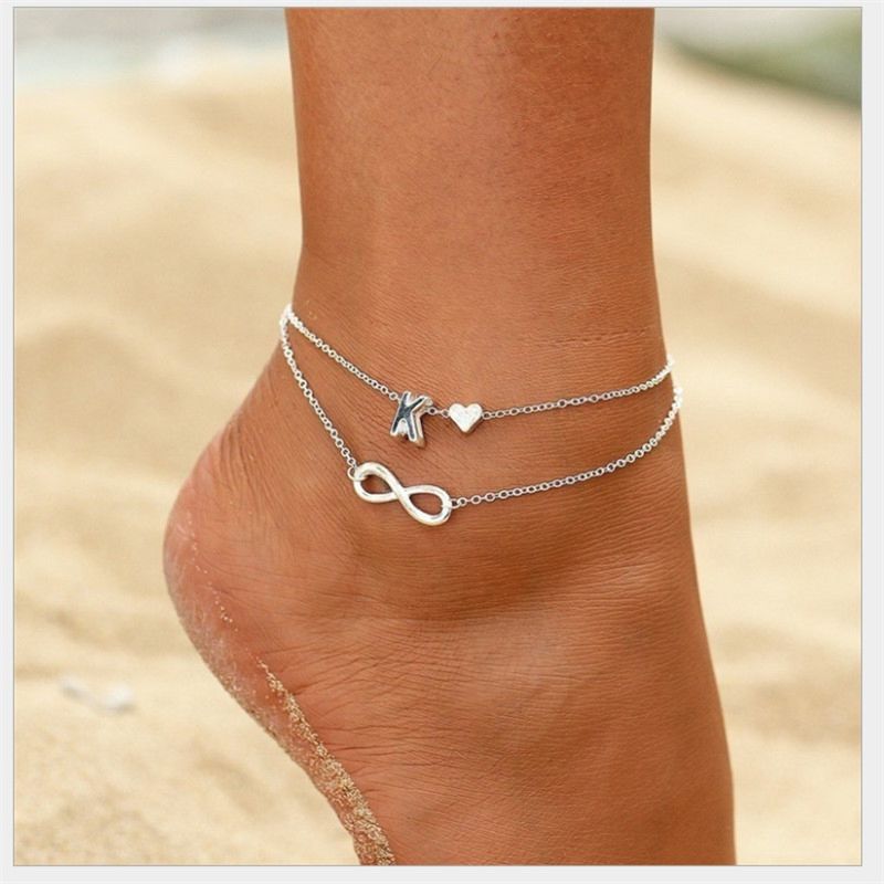 Love 26 Letter Alloy Anklets Multilayer 2Pcs/Set Ornaments Personality Heart Chain Infinity Anklet