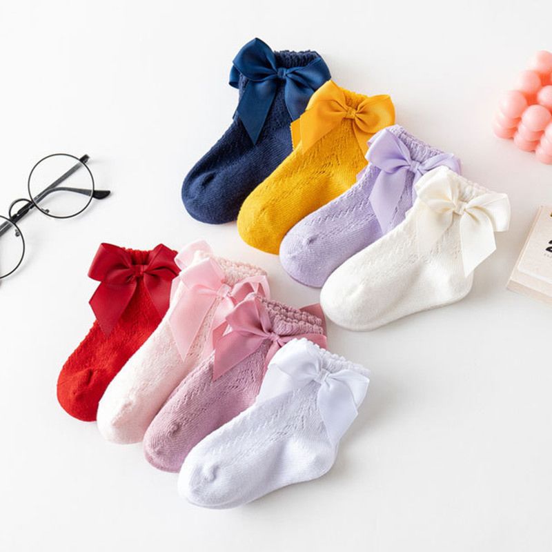 Lovely Baby Infant Girls Socks Kids Pure Color Pink Red Yellow Mesh Ruffle Socks Cute Bow Knot Short Socks