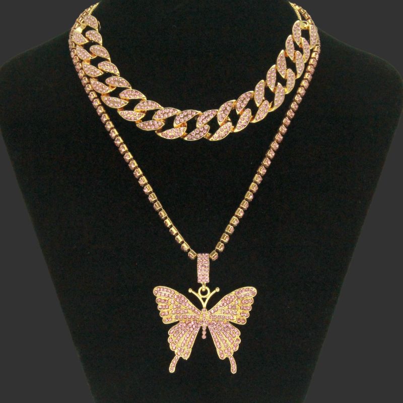 Lovely Luxury Hip-Hop Cuban Chain Gold Necklace Jewelry Stainless Steel Full Diamond Women Butterfly Pendant Choker Necklace