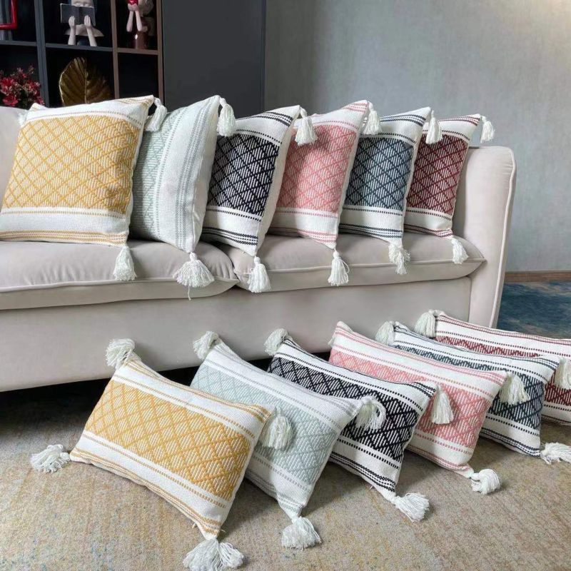 Lovely Pillow Case Geometric Woven Jacquard Rhombic Tassel Pillow Cover Household Sofa Cushion Cover
