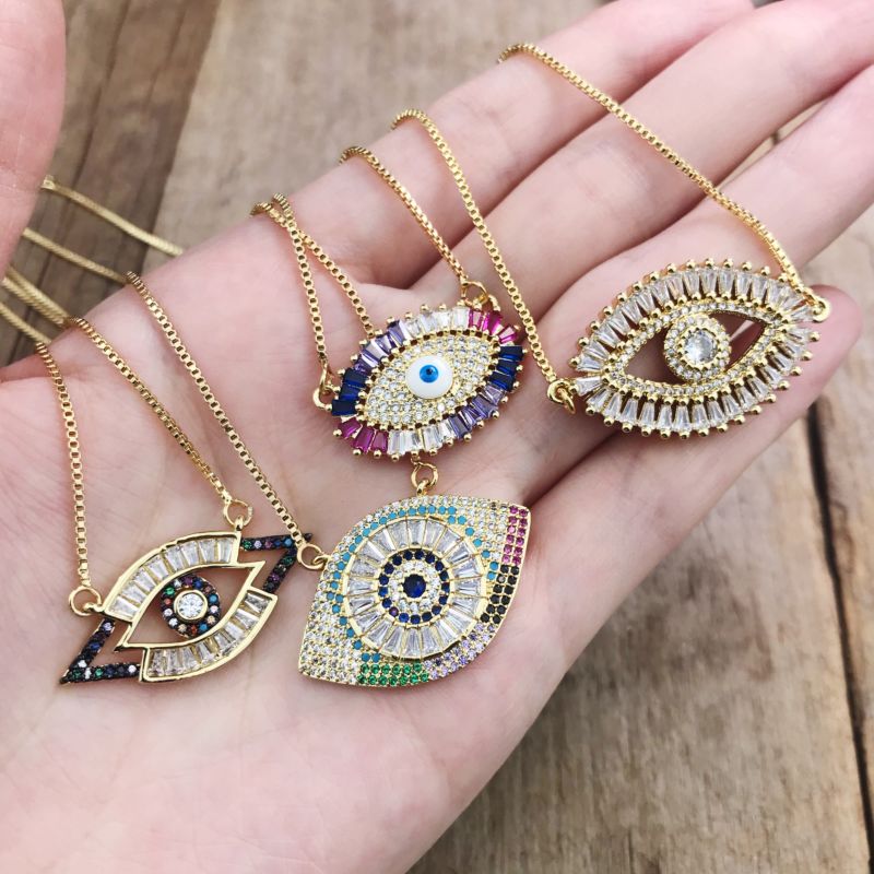Ls-D1538 Rainbow Evil Eyes Pendant Necklace Gold Color Copper Cz Chain Choker Necklace for Women Girls
