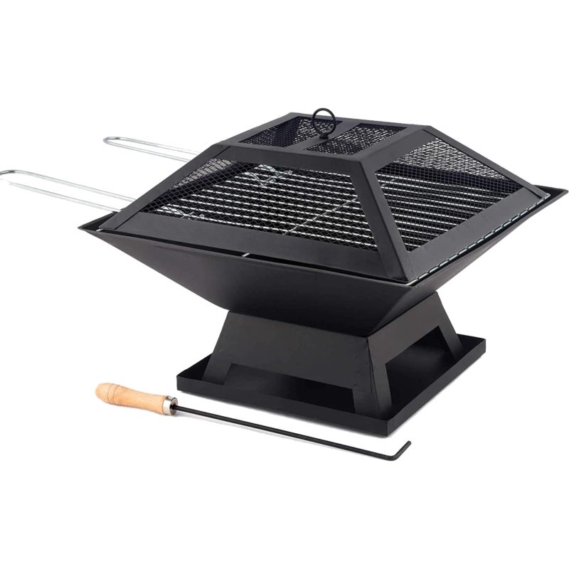 Luck Square Fire Pit and Bbq Grill Outdoor Firepit Brazier Stove Patio Heater-For Camping Picnics or Garden, Black