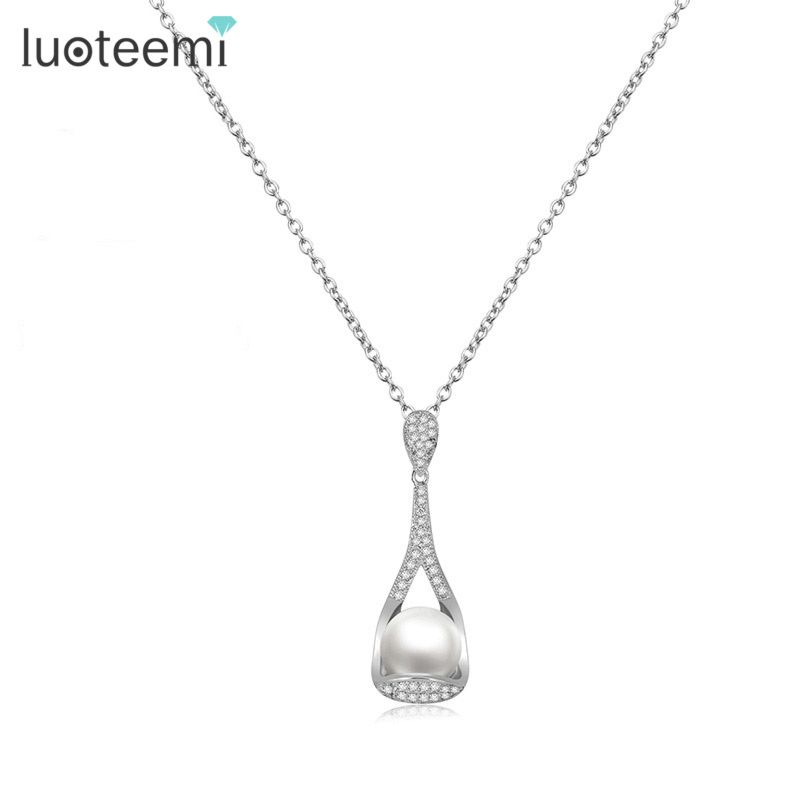 Luoteemi Long Dropping Necklace White Gold Plated Large Pearl Necklace Cz Crystal Mirco Paved Pendant Drop Pearl Necklace