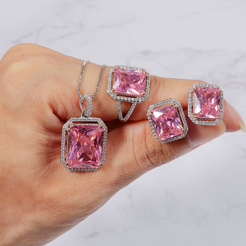 Luxury 4Pcs Platinum Plated Zirccon Earrings Rings Necklace Set Pink Square Diamond Zircon Jewelry Set for Ladies