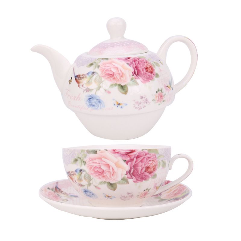 Luxury Ceramic Floral Teapot Vintage English Style Wholsale Flower Printed Porcelain Tea for One Teapot Set with Saucer